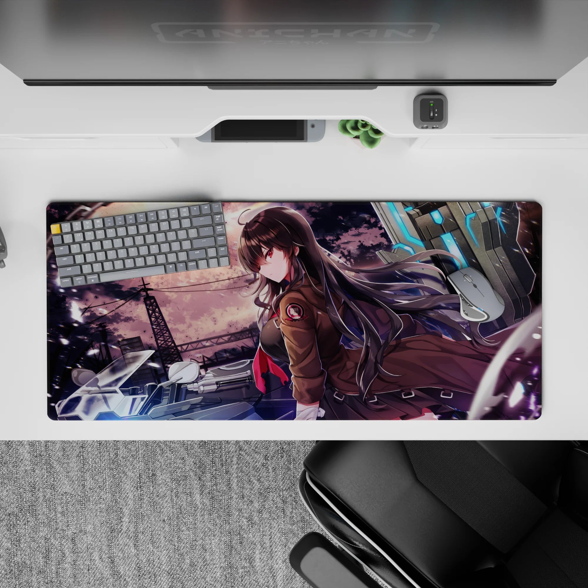 Violet-orange sunset anime desk pad 36x16 inches with neon-blue glow and gritty-cute mood.