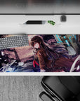 Violet-orange sunset anime desk pad 36x16 inches with neon-blue glow and gritty-cute mood.