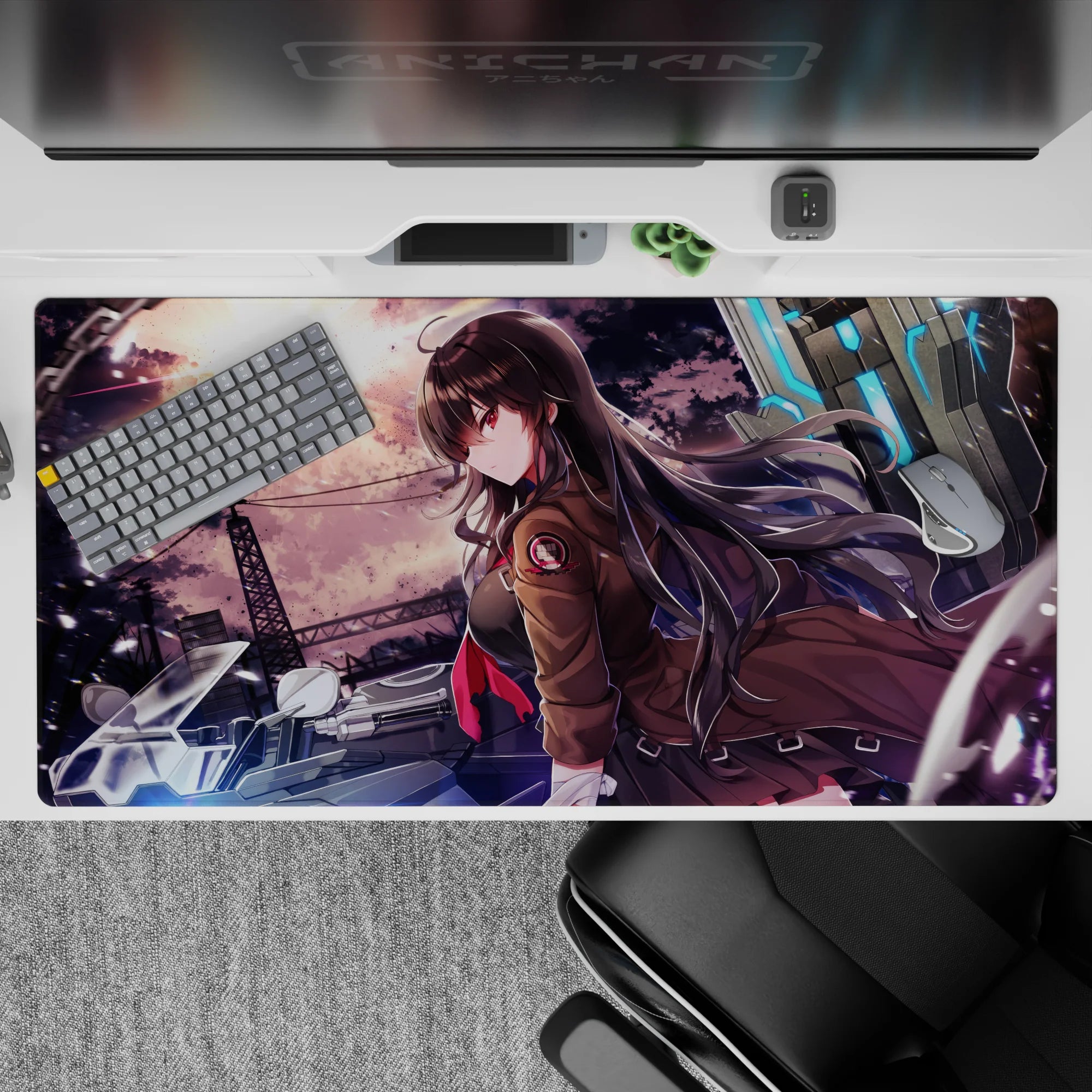 Moody violet-orange storm sky anime girl desk pad 40x20 inches with electric blue neon glow.