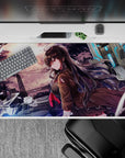 Moody violet-orange storm sky anime girl desk pad 40x20 inches with electric blue neon glow.