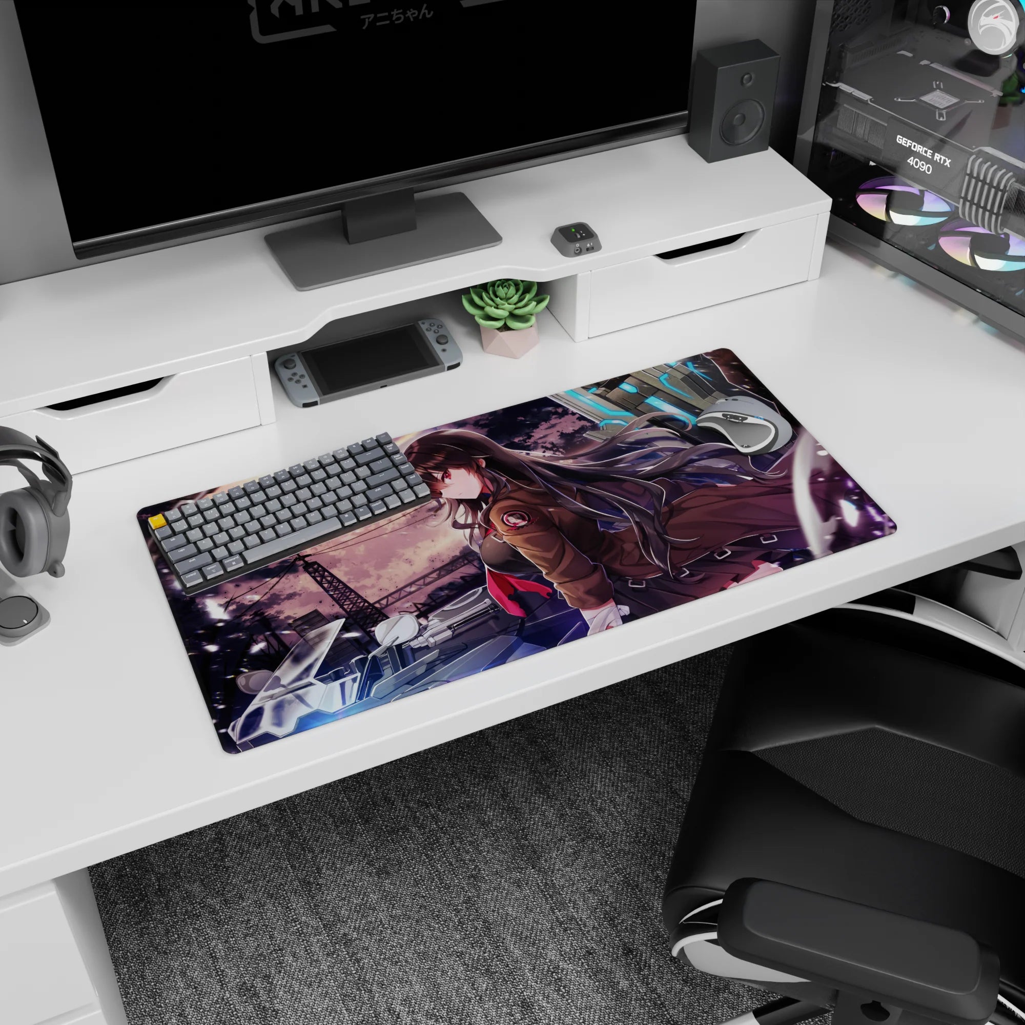 Sharp-eyed anime girl leaning on a bike in a long brown coat and red tie mouse pad, 32x16 inches.