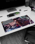 Sharp-eyed anime girl leaning on a bike in a long brown coat and red tie mouse pad, 32x16 inches.