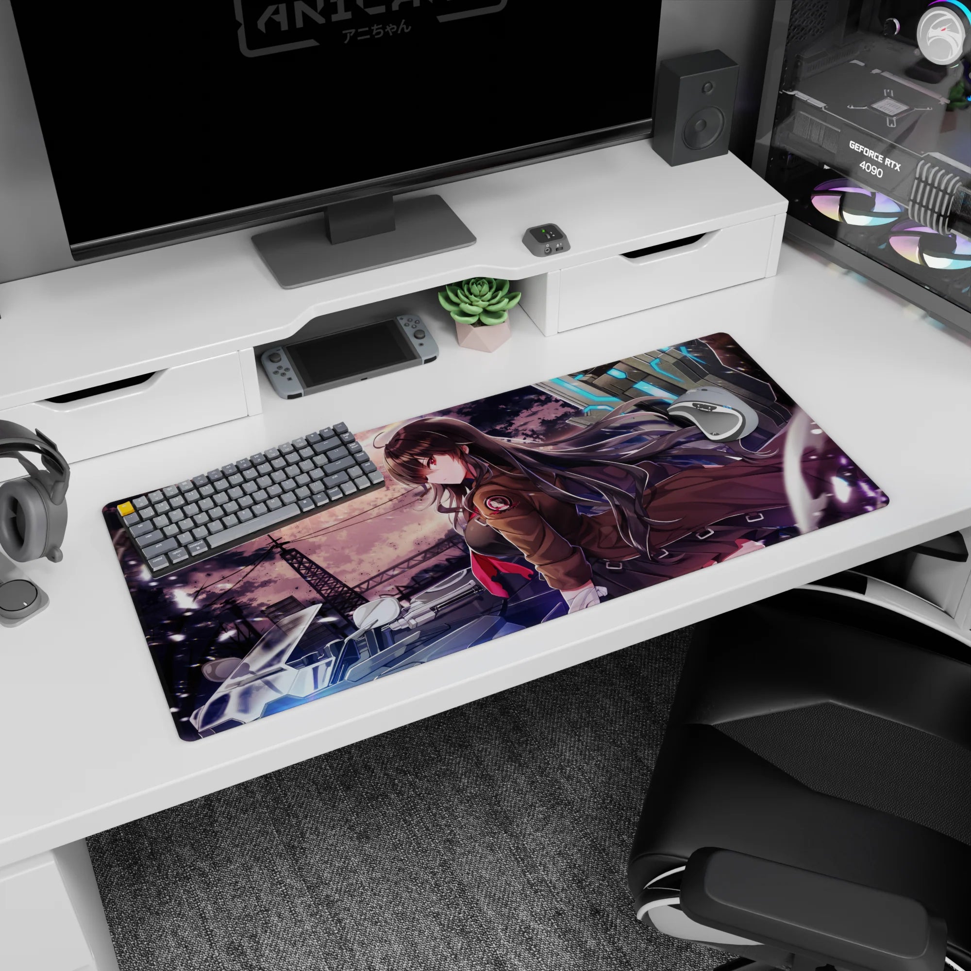 Anime girl leaning on bike desk pad 36x16 inches, black wavy hair, brown coat, red tie, skyline.