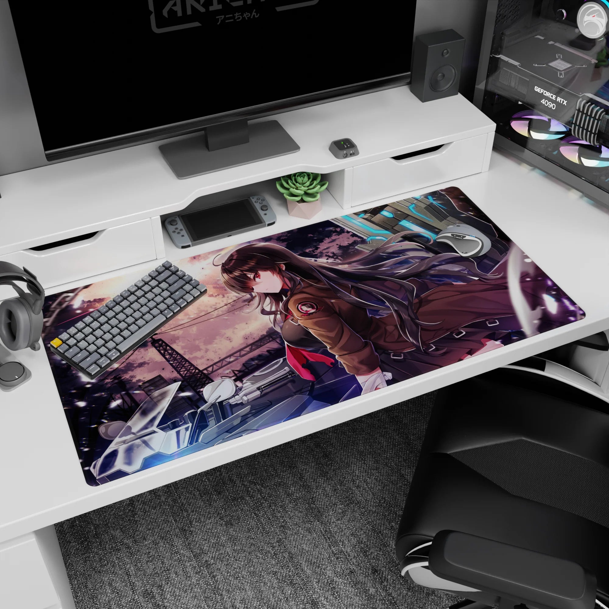 Anime girl leaning on bike in long brown coat and red tie desk pad 40x20 inches, city backdrop.