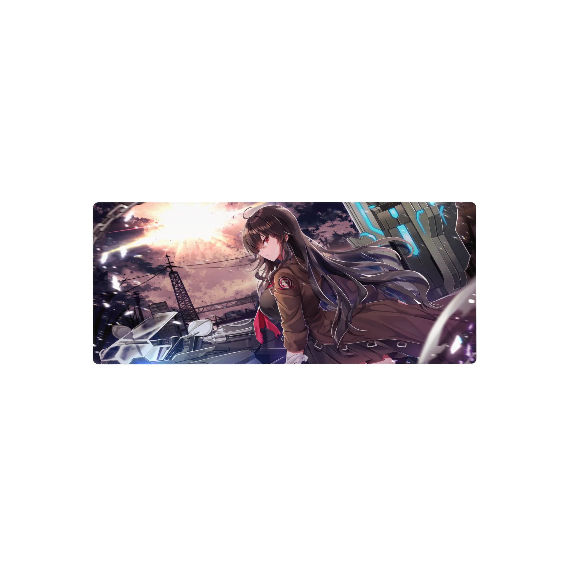 Anime girl mouse pad 28x12 inches with biker girl, steel skyline, neon tech panels, and sunset sky.