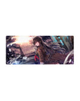 Anime girl mouse pad 28x12 inches with biker girl, steel skyline, neon tech panels, and sunset sky.