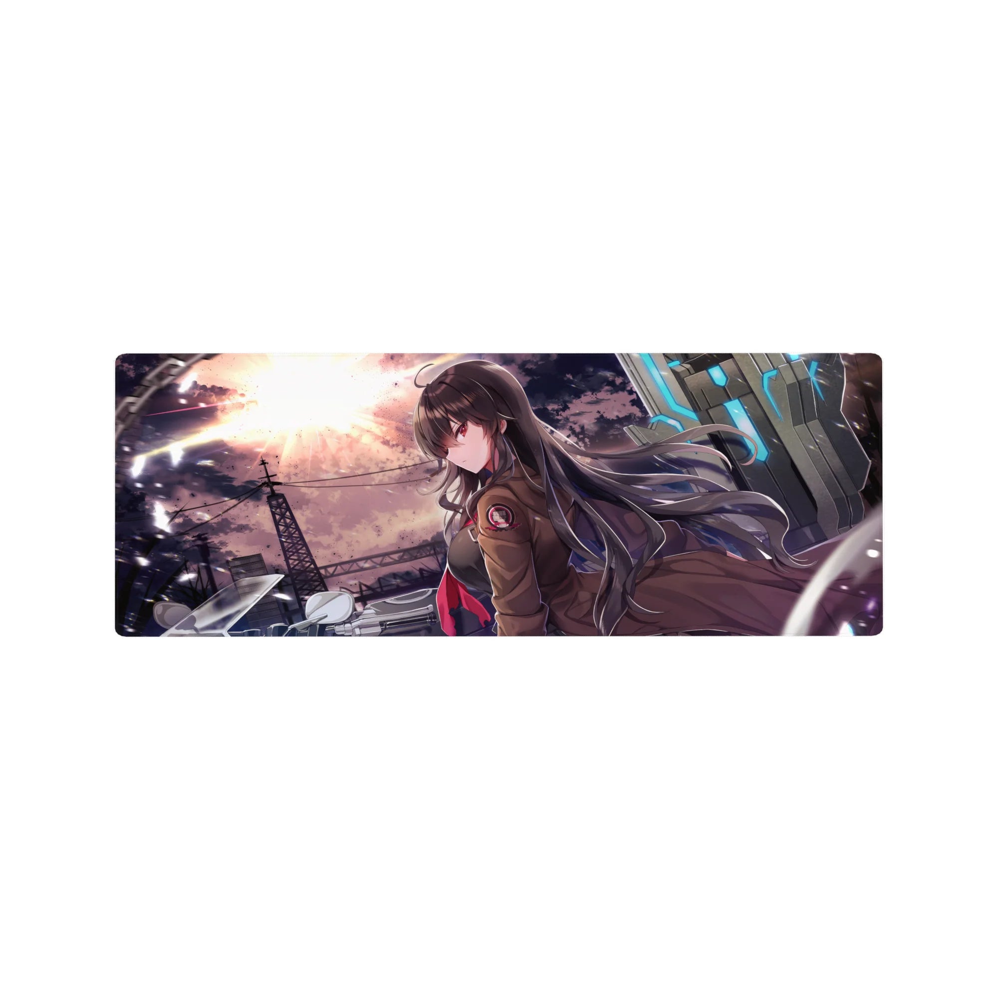 32x12 inches anime girl mouse pad with biker girl, steel skyline, neon tech panels, and sunset storm sky.