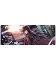 32x12 inches anime girl mouse pad with biker girl, steel skyline, neon tech panels, and sunset storm sky.