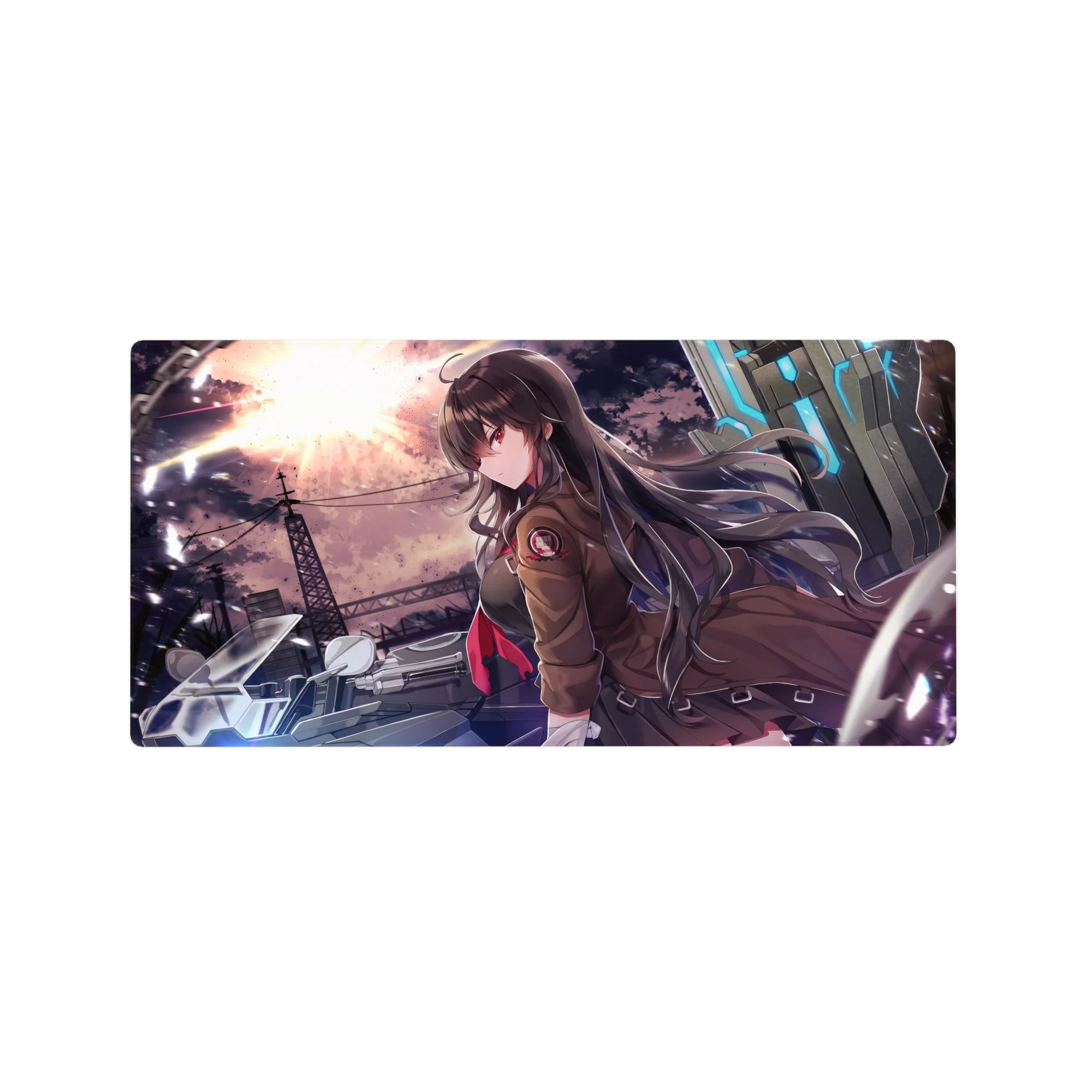 Anime girl bike cityscape mouse pad, steel skyline and neon tech panels, 32x16 inches.
