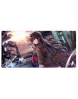Anime girl bike cityscape mouse pad, steel skyline and neon tech panels, 32x16 inches.