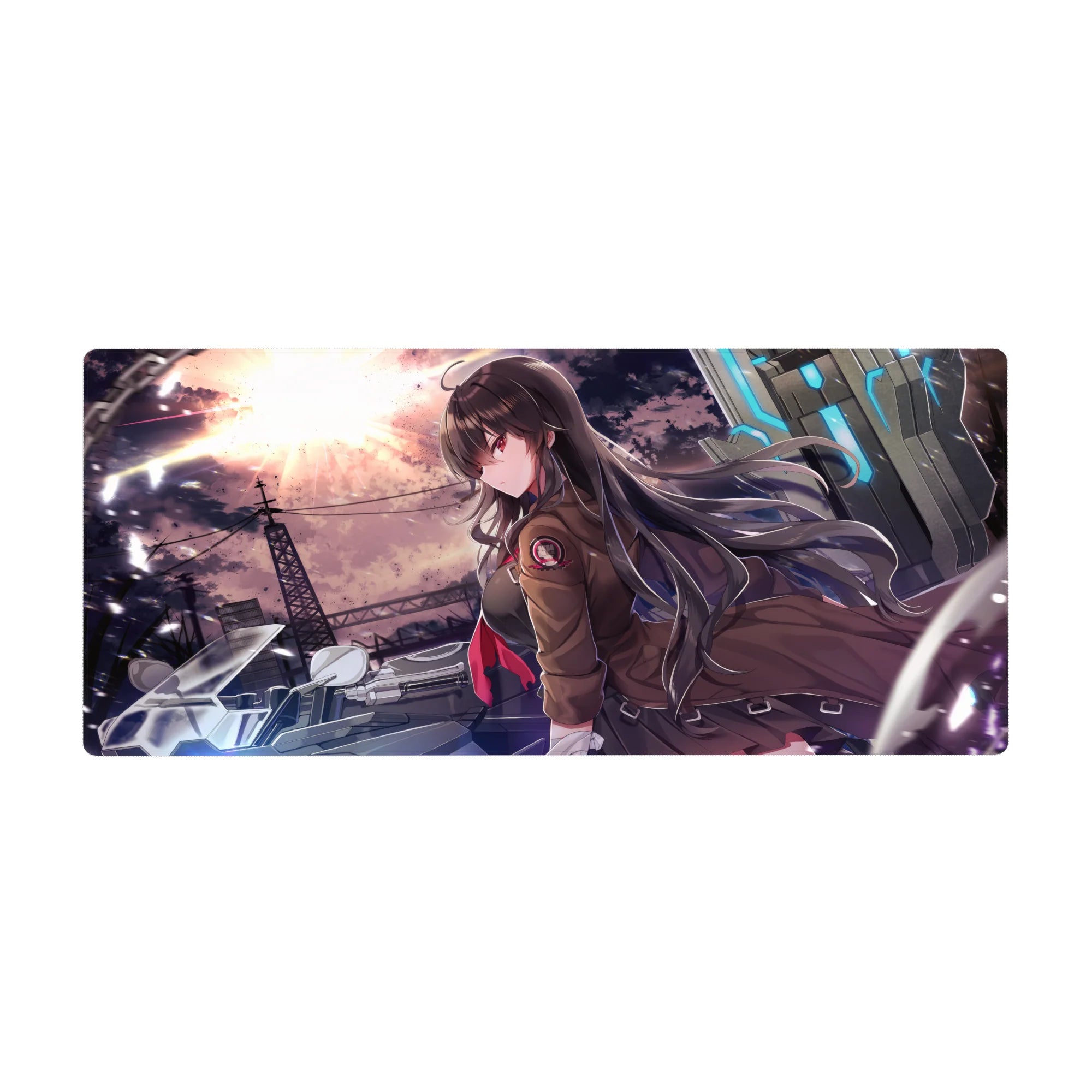 Anime girl desk pad 36x16 inches with biker girl, steel skyline, neon tech panels, cinematic style.