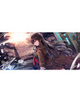 Anime girl desk pad 36x16 inches with biker girl, steel skyline, neon tech panels, cinematic style.