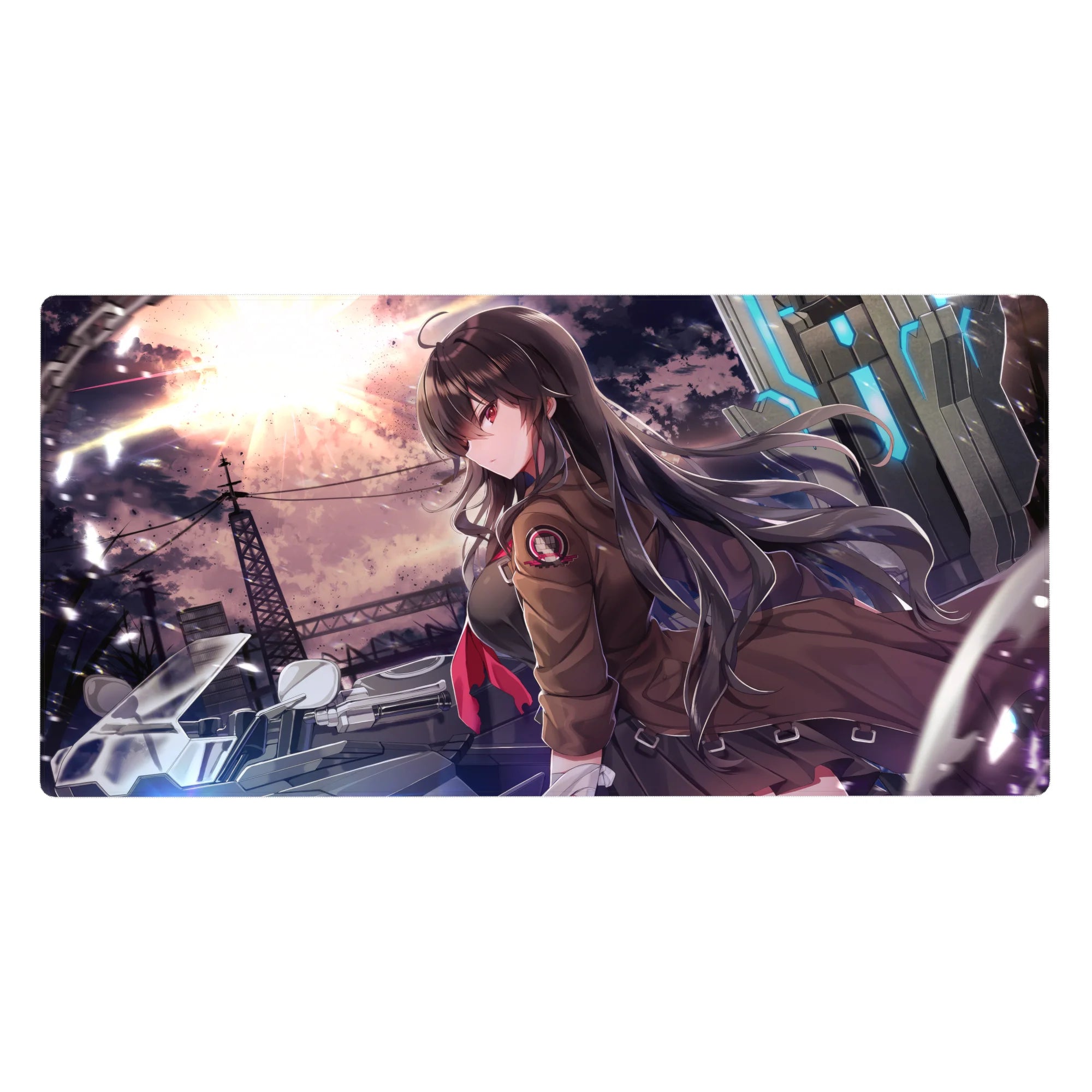 Anime girl desk pad 40x20 inches with biker heroine, steel skyline sunset, neon tech panels.