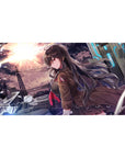 Anime girl desk pad 40x20 inches with biker heroine, steel skyline sunset, neon tech panels.