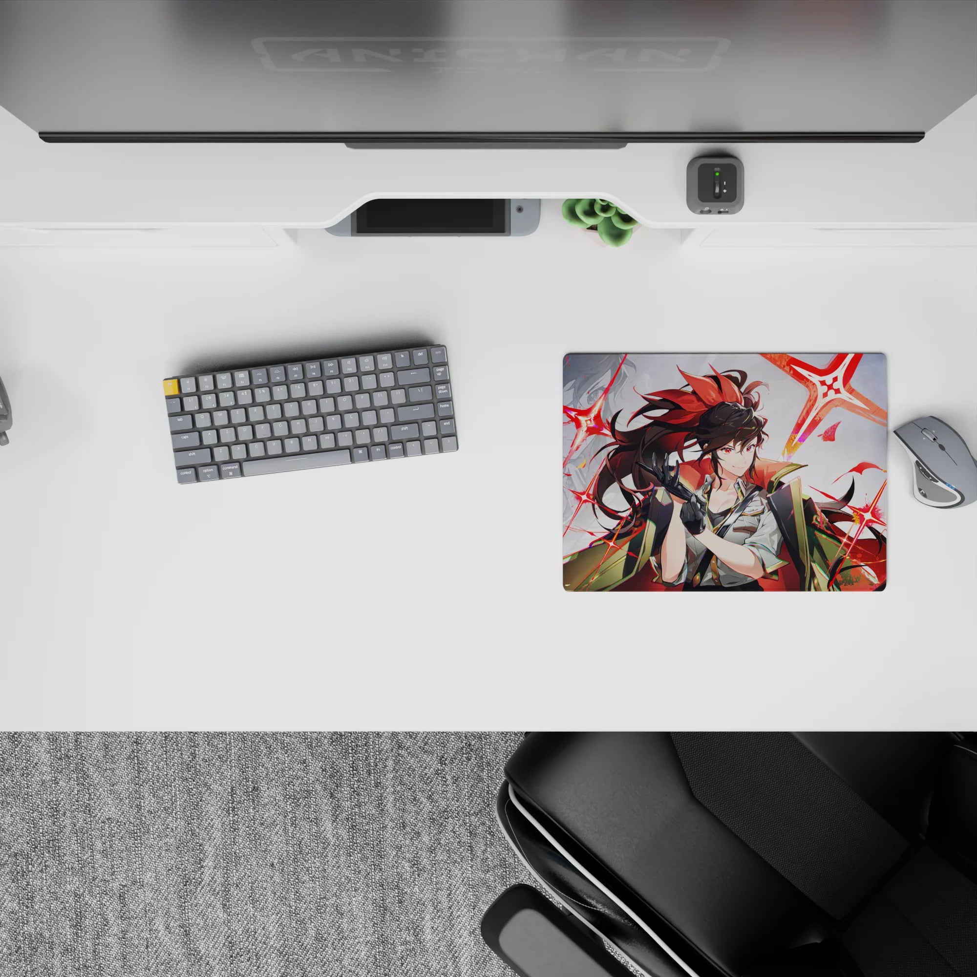 Anime girl mouse pad 14x10 inches in cool gray with neon scarlet starbursts, edgy stylish vibe.