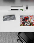 Anime girl mouse pad 14x10 inches in cool gray with neon scarlet starbursts, edgy stylish vibe.