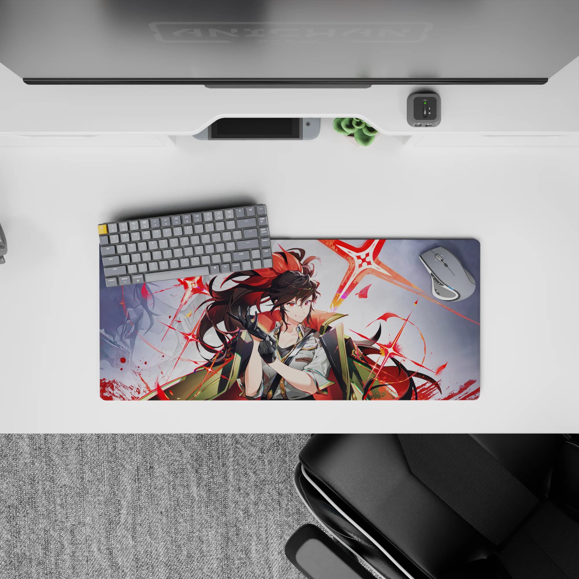 Neon scarlet starbursts on cool gray anime girl mouse pad 28x12 inches, bold edgy vibe and smooth glide.
