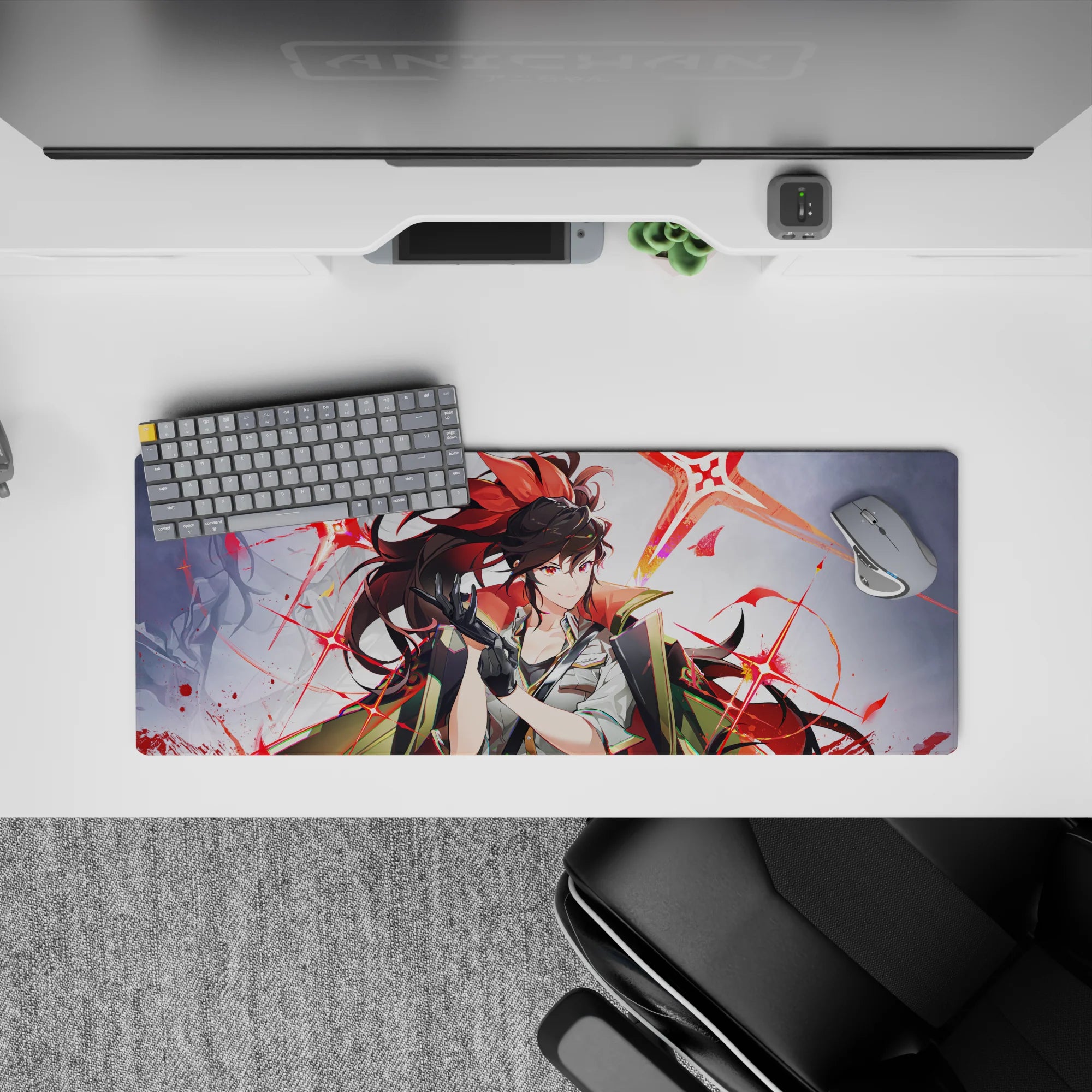32x12 inches anime girl desk mat in gray and neon scarlet, edgy attitude, glossy black gloves, fast glide.