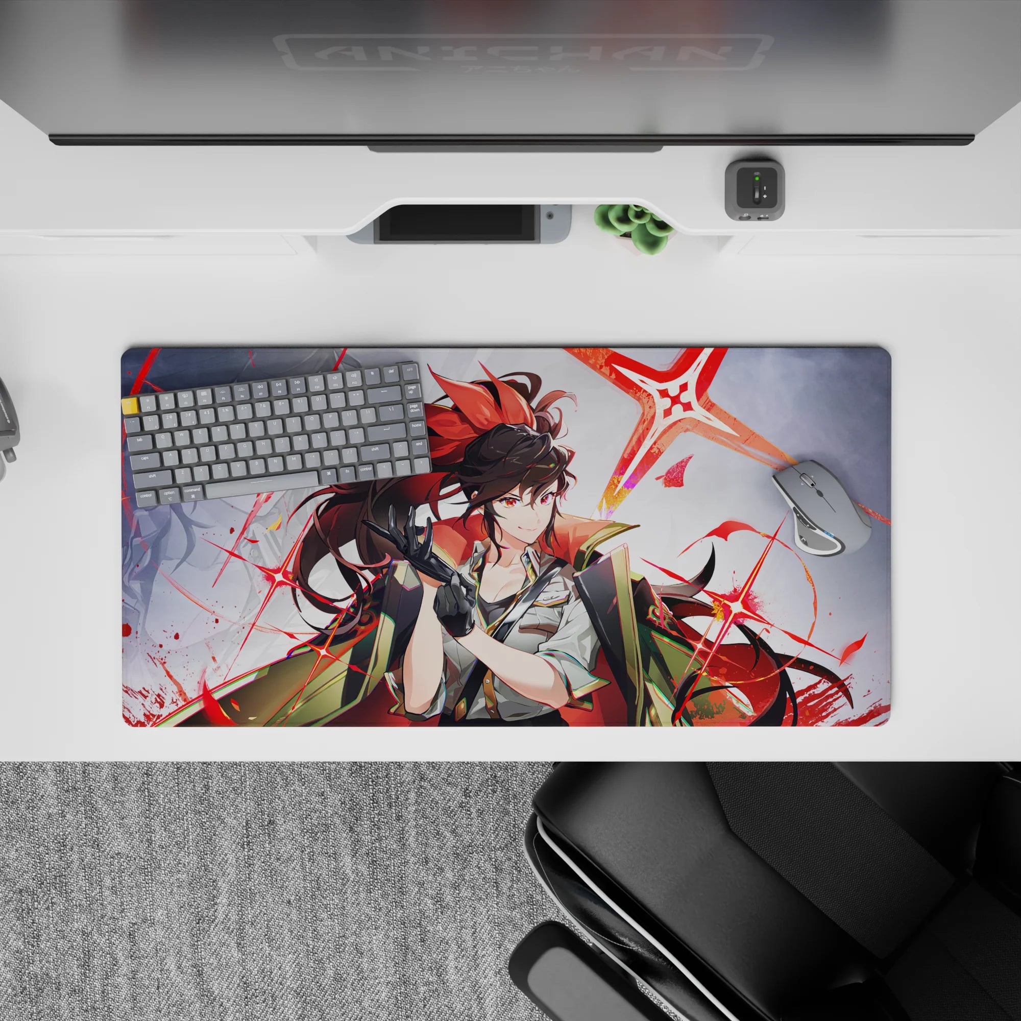 32x16 inches anime girl desk mat in glossy black, white and gray with neon scarlet starbursts, edgy vibe.