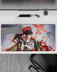 32x16 inches anime girl desk mat in glossy black, white and gray with neon scarlet starbursts, edgy vibe.