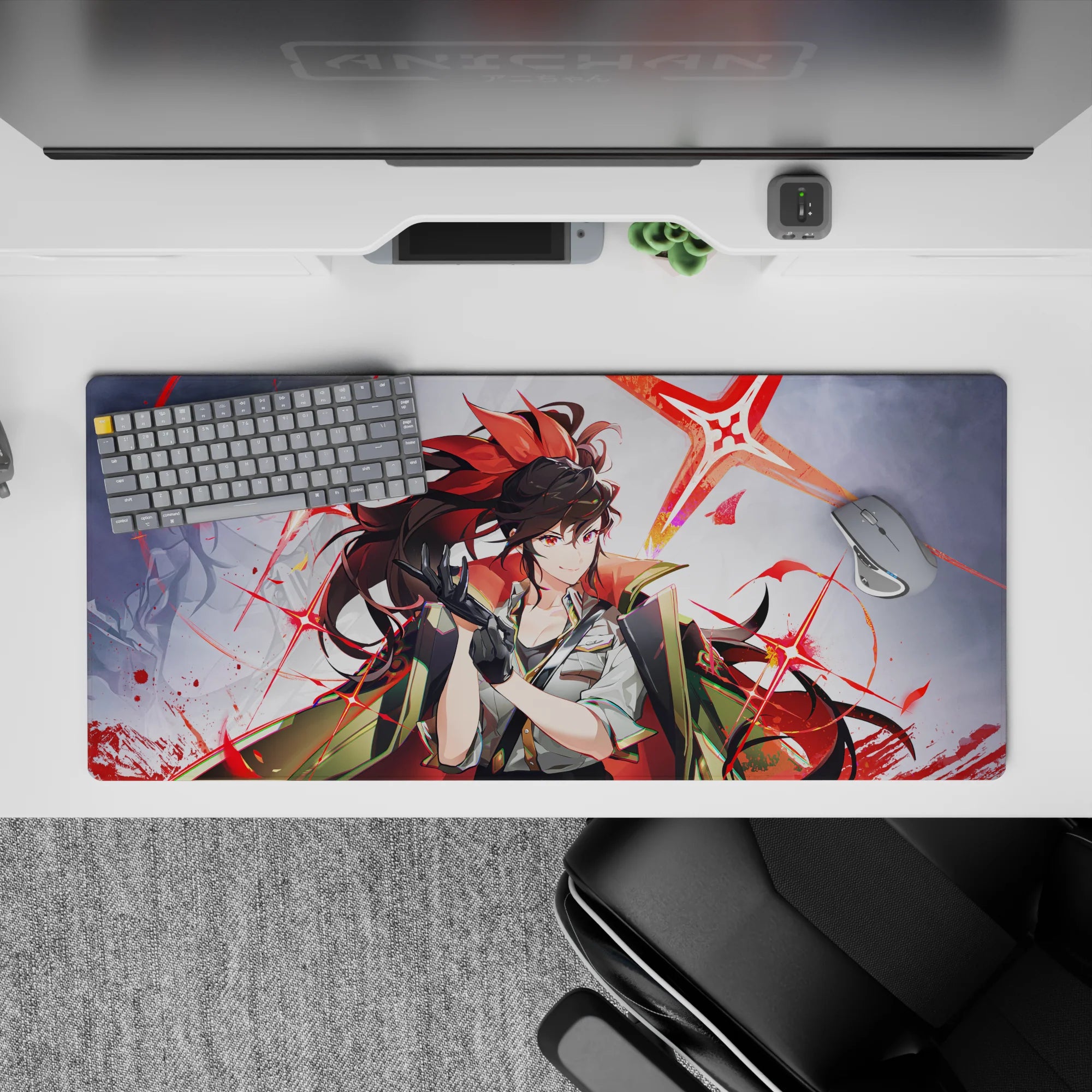 36x16 inches anime girl desk pad in cool gray with neon scarlet bursts, bold attitude, and smooth glide.