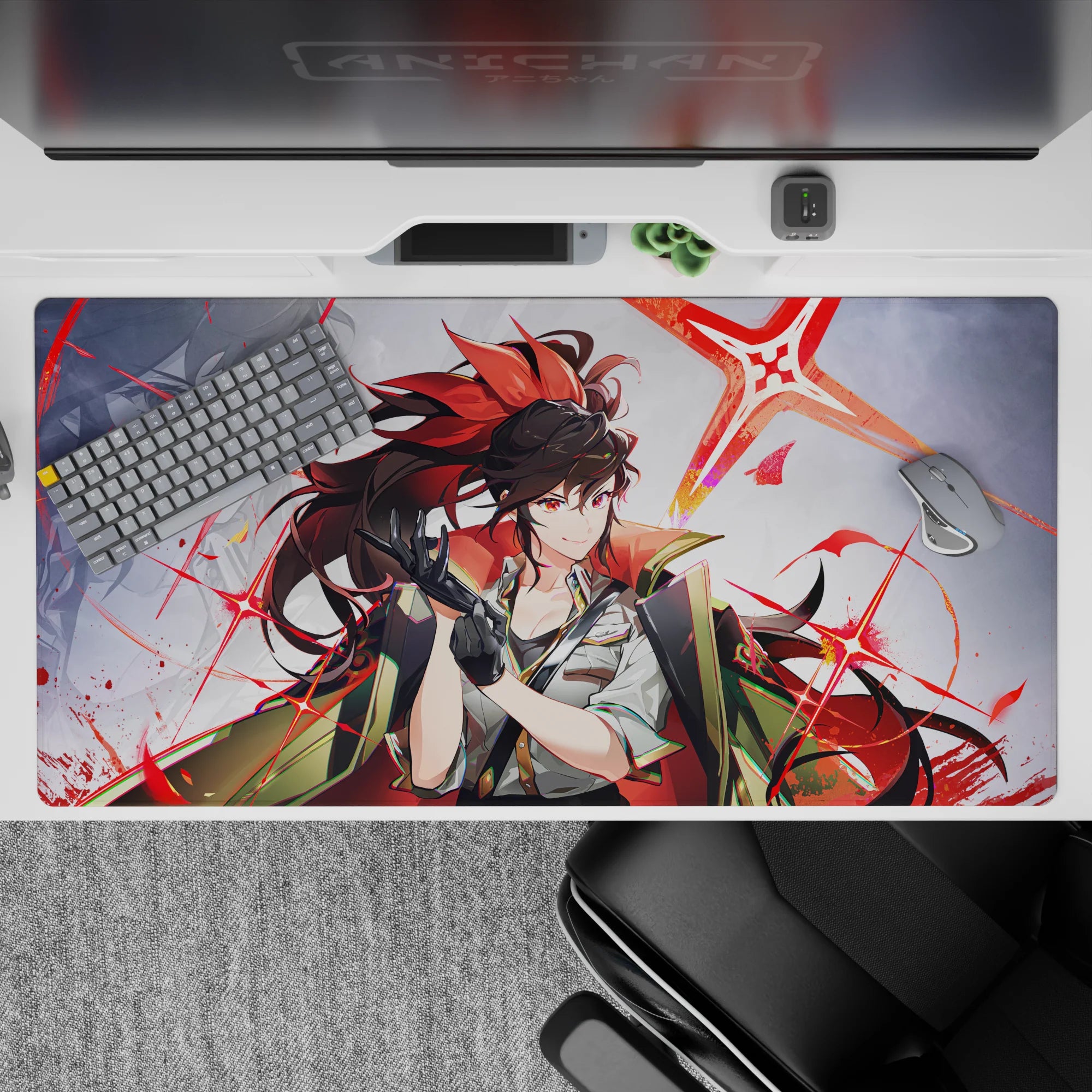 40x20 inches anime desk pad in cool gray with neon scarlet starbursts, bold attitude and sleek glide.