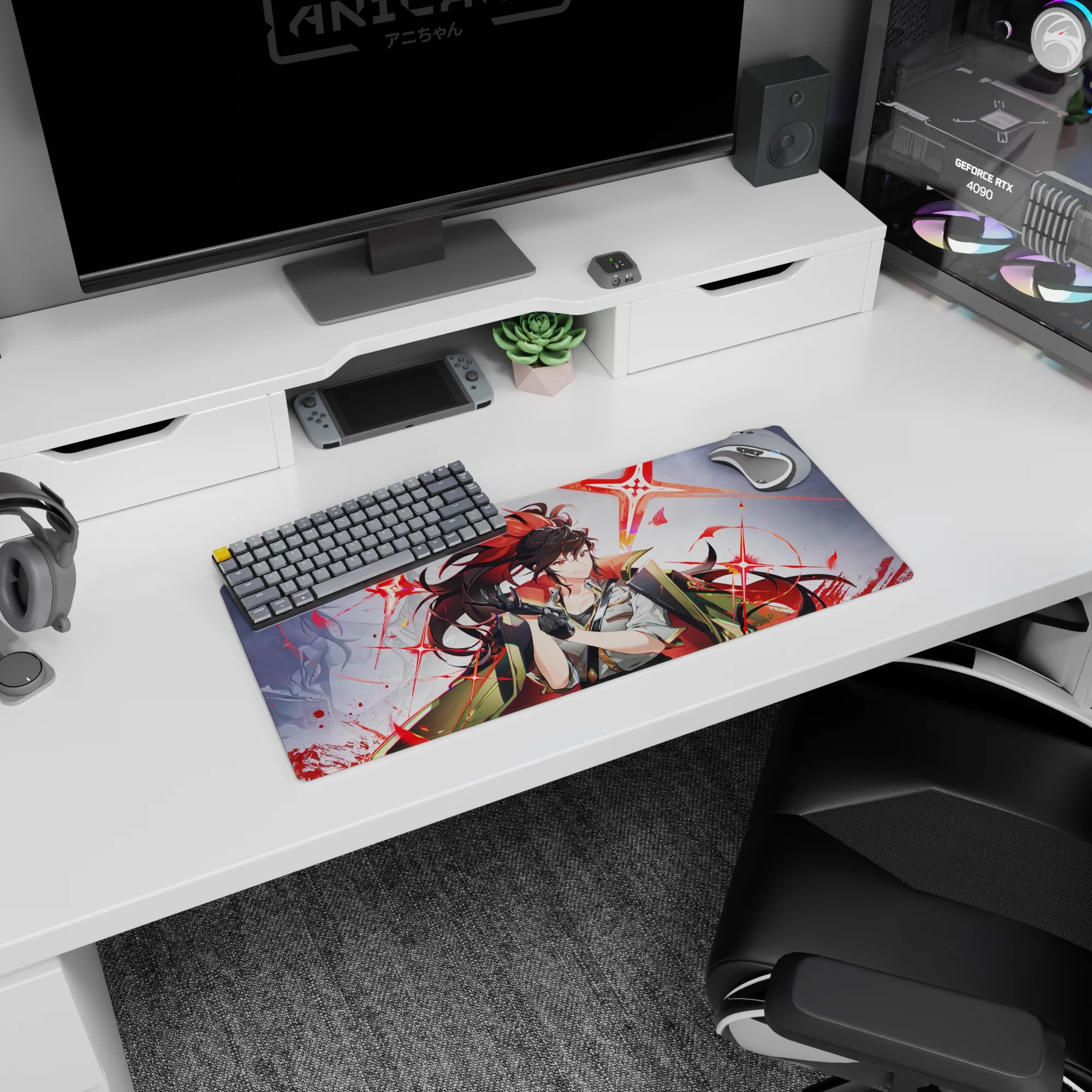 Smirking anime girl snapping on black gloves, flame-streak ponytail mouse pad 28x12 inches for desk.