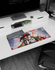 Smirking anime girl snapping on black gloves, flame-streak ponytail mouse pad 28x12 inches for desk.