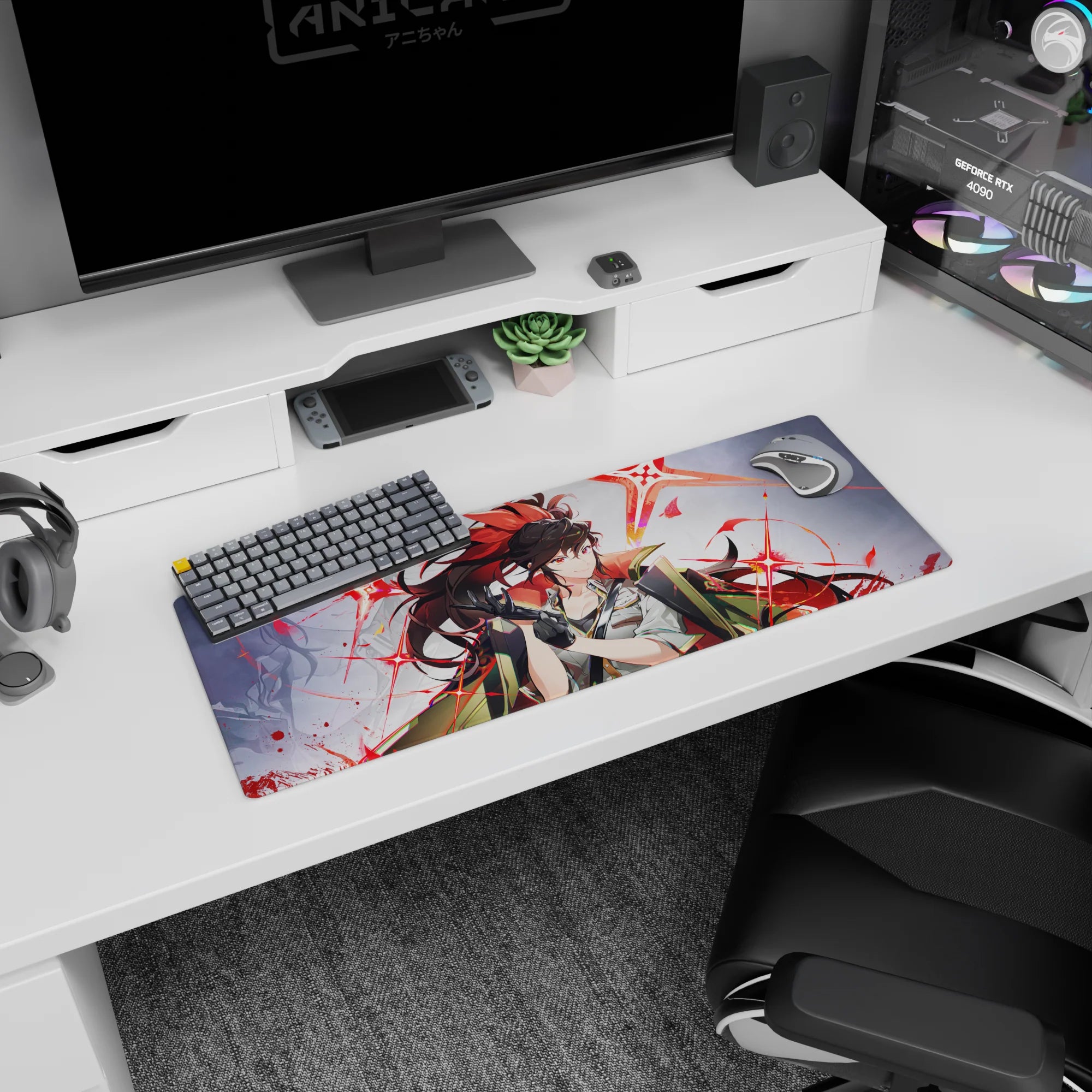 Anime girl snapping on black gloves, flaming ponytail, loose tie and shoulder cape on 32x12 inches mouse pad.