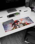 Anime girl snapping on black gloves, flaming ponytail, loose tie and shoulder cape on 32x12 inches mouse pad.