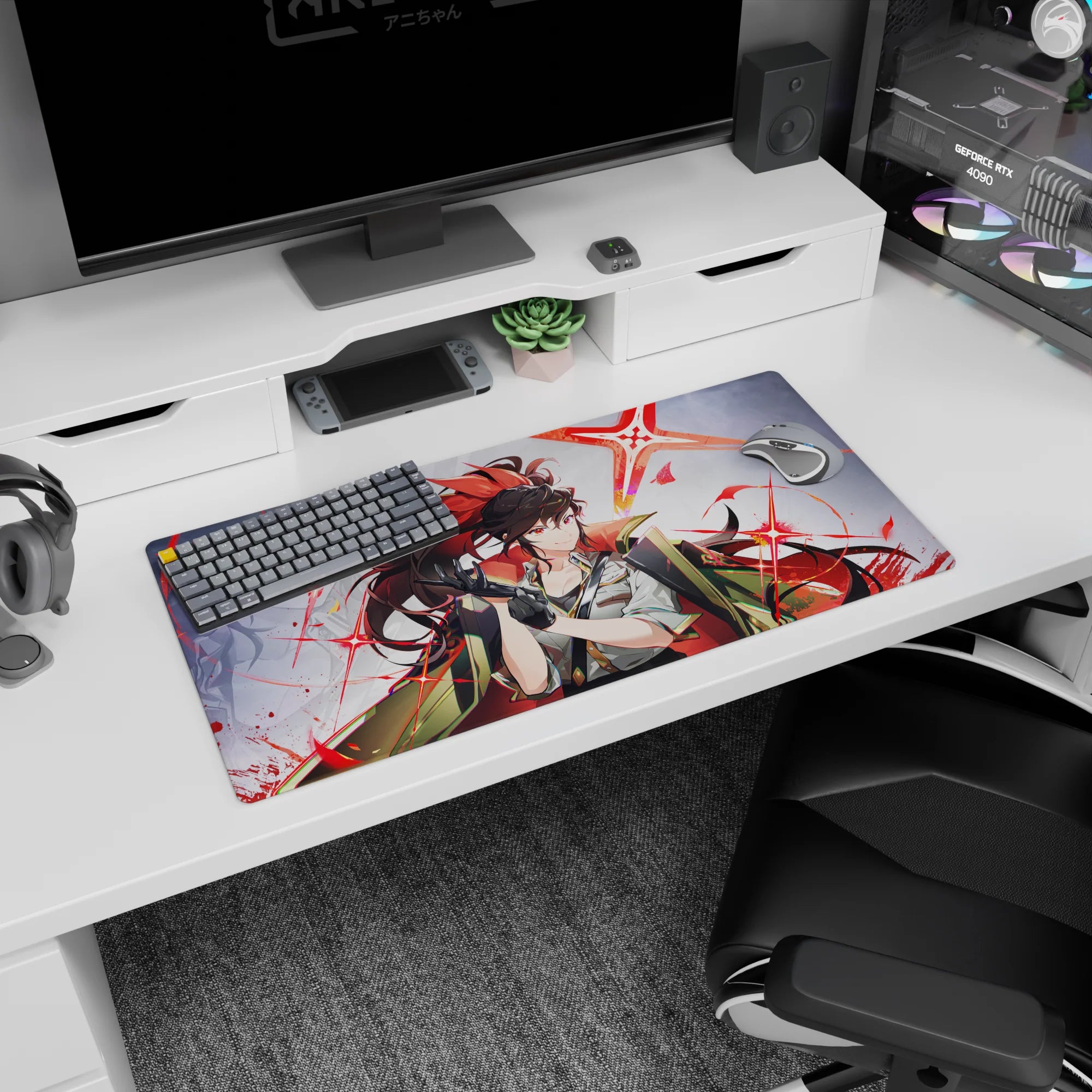Fierce anime girl snapping on black gloves, smirking, flame-streak ponytail on 32x16 inches mouse pad.