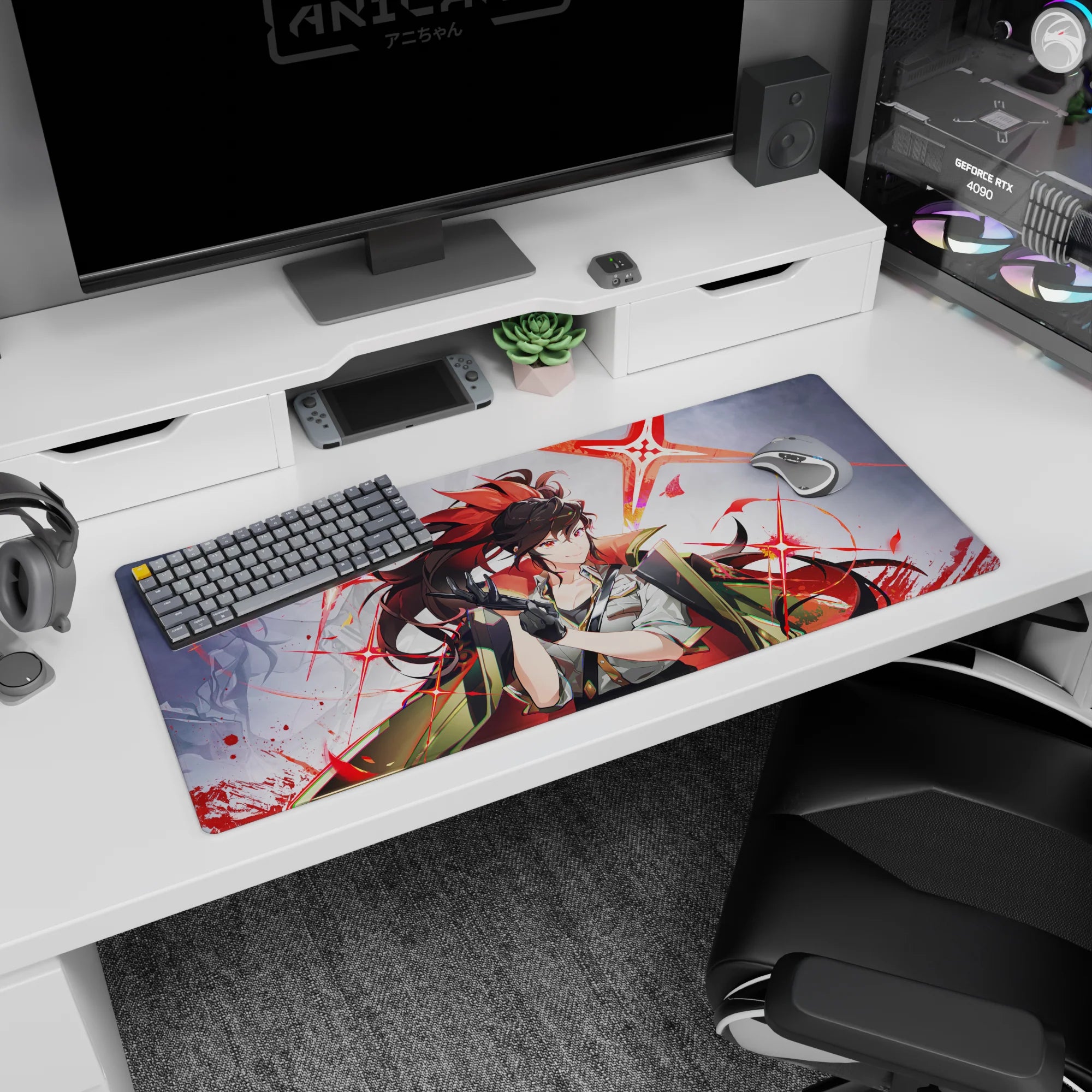 Fierce anime girl snapping on black gloves, smirking on a 36x16 inches desk pad with red flame ponytail.