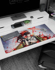 Fierce anime girl snapping on black gloves, smirking on a 36x16 inches desk pad with red flame ponytail.