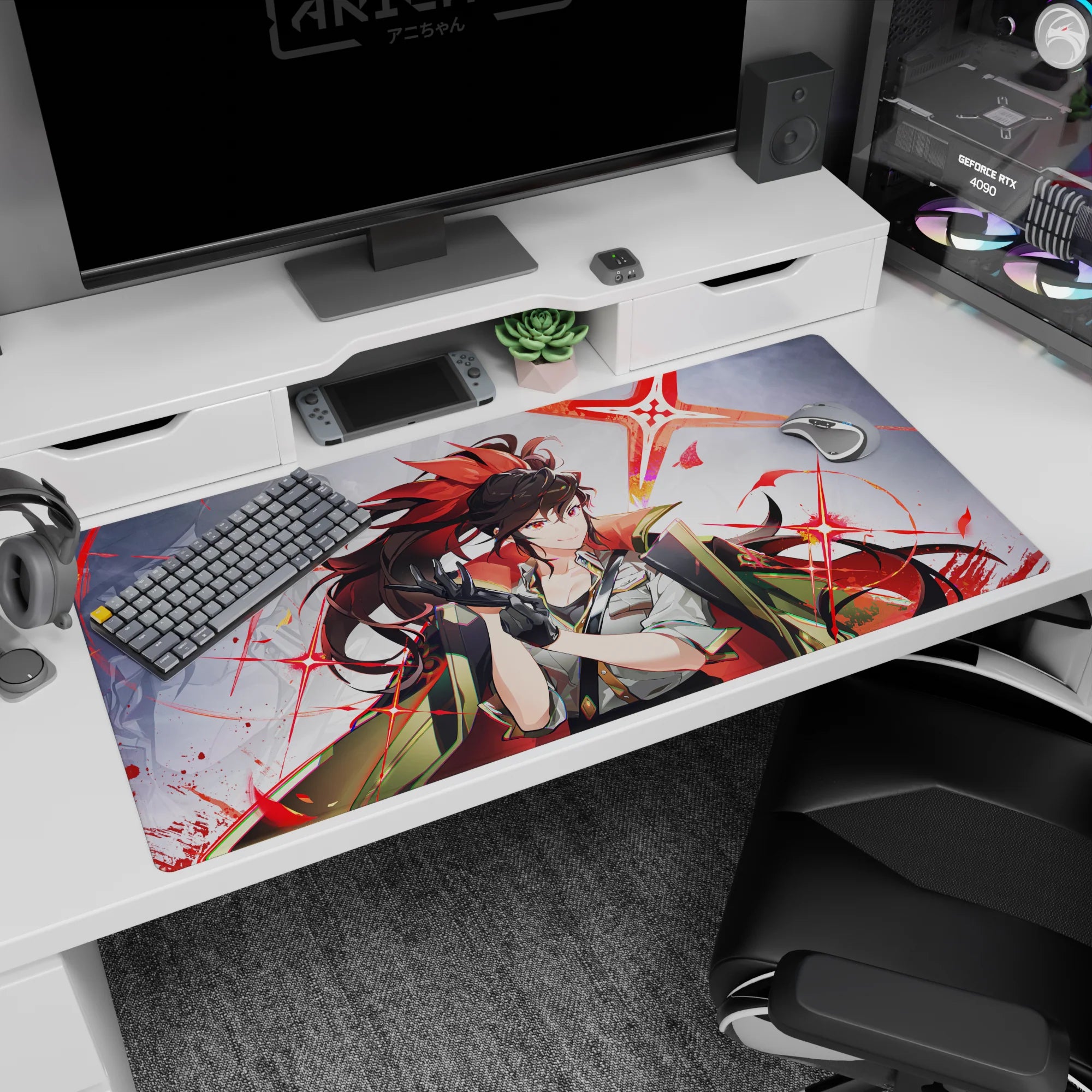 Smirking anime girl snapping black gloves, red-flamed ponytail, white shirt and cape desk pad 40x20 inches.