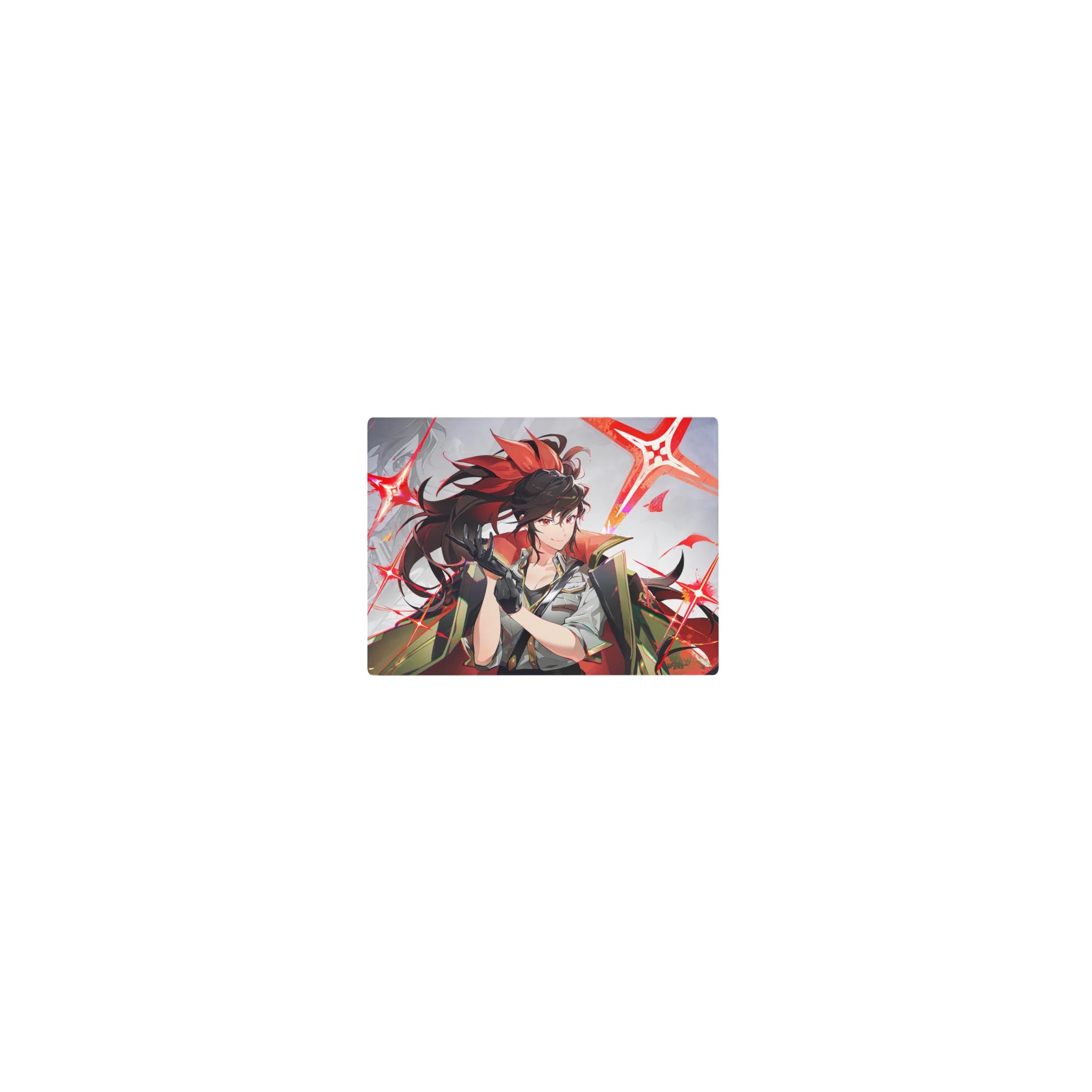 Classic anime girl mouse pad 14x10 inches with black gloves, white shirt, tie, cape, gray backdrop.