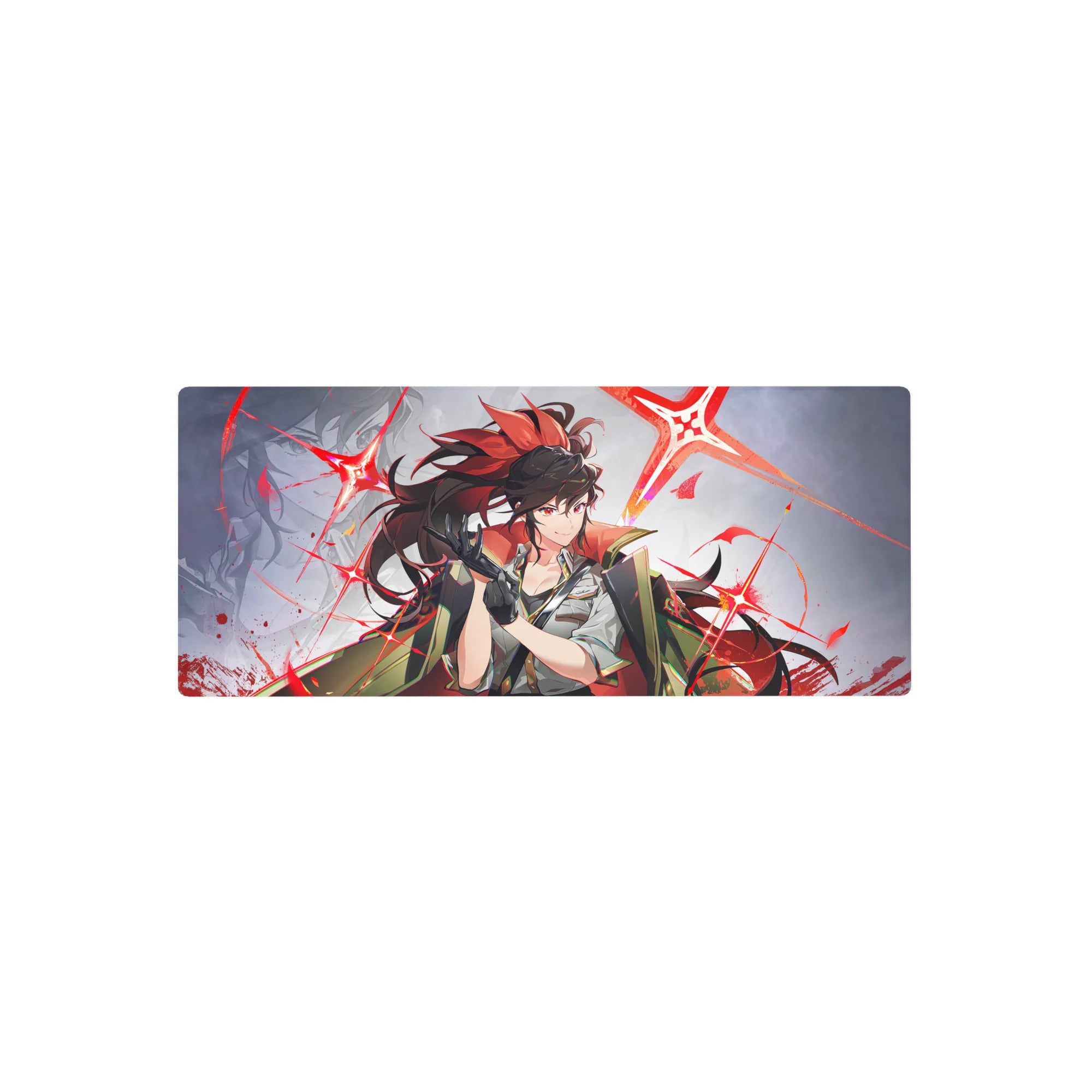 Anime girl mouse pad 28x12 inches with ponytail flames, gloves, white shirt, tie, and shoulder cape.