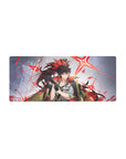 Anime girl mouse pad 28x12 inches with ponytail flames, gloves, white shirt, tie, and shoulder cape.
