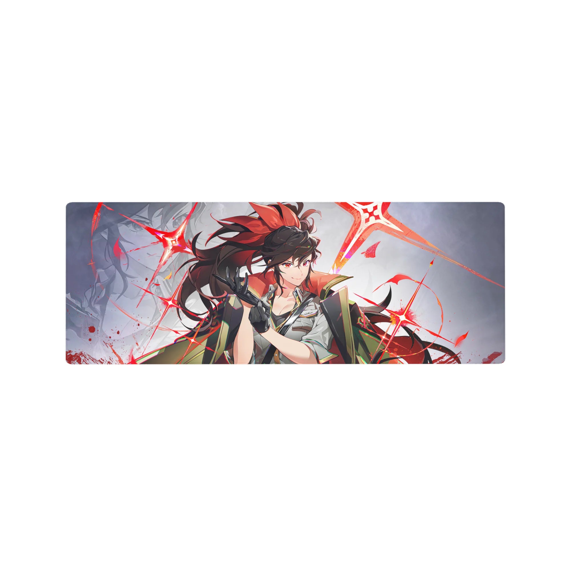 Anime girl mouse pad 32x12 inches with smirking fighter, gloves, white shirt, cape, and starbursts.