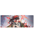 Anime girl mouse pad 32x12 inches with smirking fighter, gloves, white shirt, cape, and starbursts.