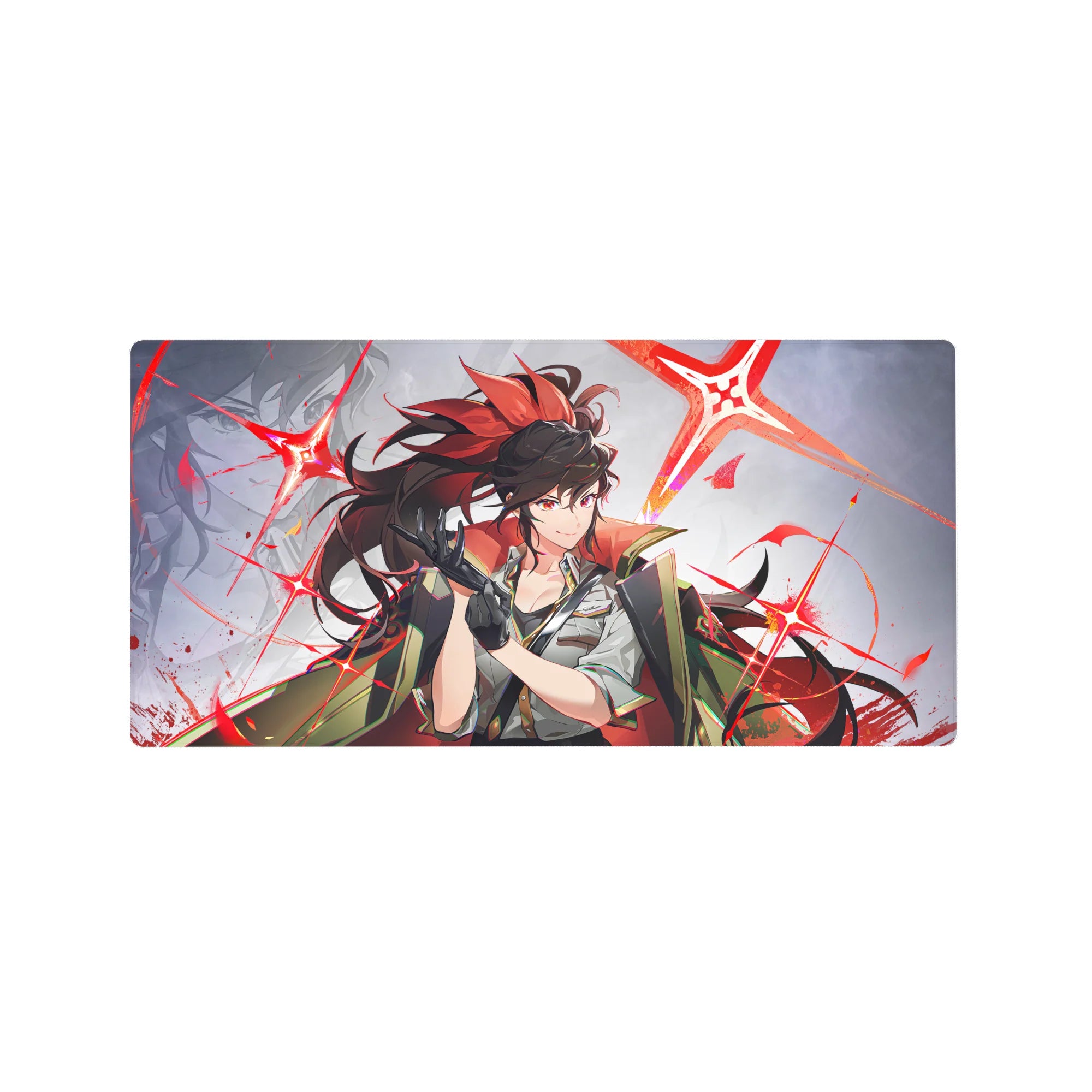 Anime girl mouse pad 32x16 inches with ponytail, cape, gloves, white shirt and neon starburst backdrop.