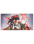 Anime girl mouse pad 32x16 inches with ponytail, cape, gloves, white shirt and neon starburst backdrop.