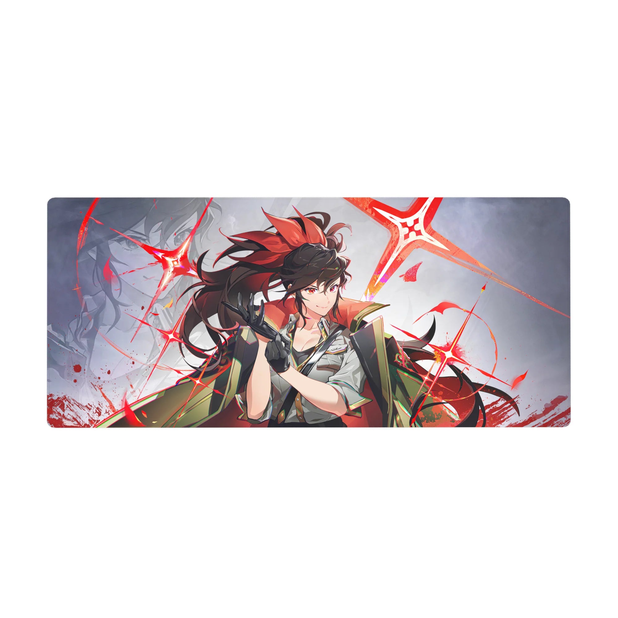 Anime girl desk pad 36x16 inches with glossy black gloves, ponytail flames, cape, and neon starbursts.