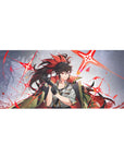 Anime girl desk pad 36x16 inches with glossy black gloves, ponytail flames, cape, and neon starbursts.