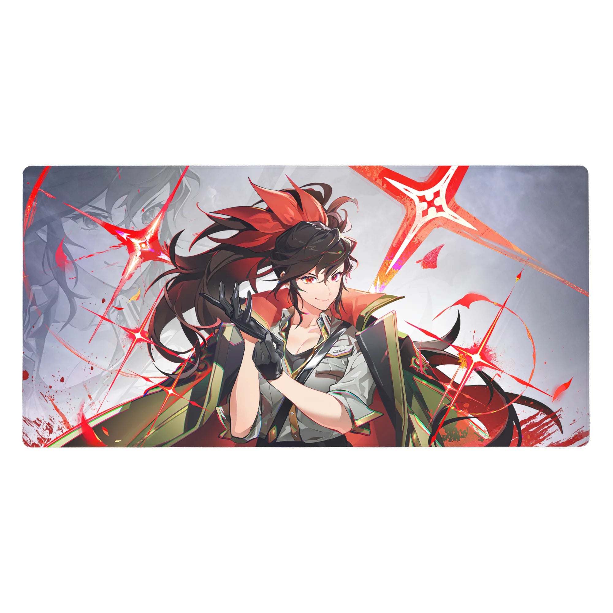 Anime girl desk pad 40x20 inches with smirking fighter, glossy gloves, ponytail flames, gray backdrop.