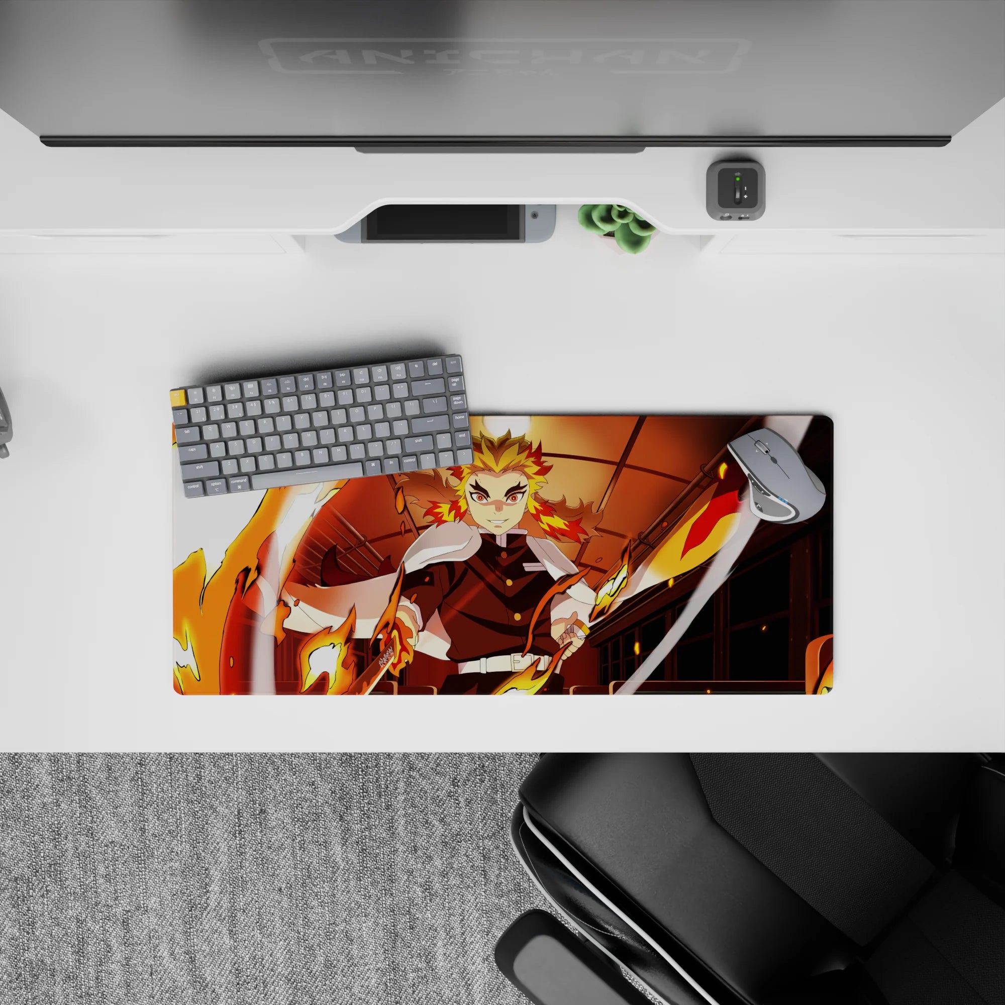 Kyojuro Rengoku anime mouse pad, 28x12 inches, with vibrant flames and Mugen Train scene for Demon Slayer fans.