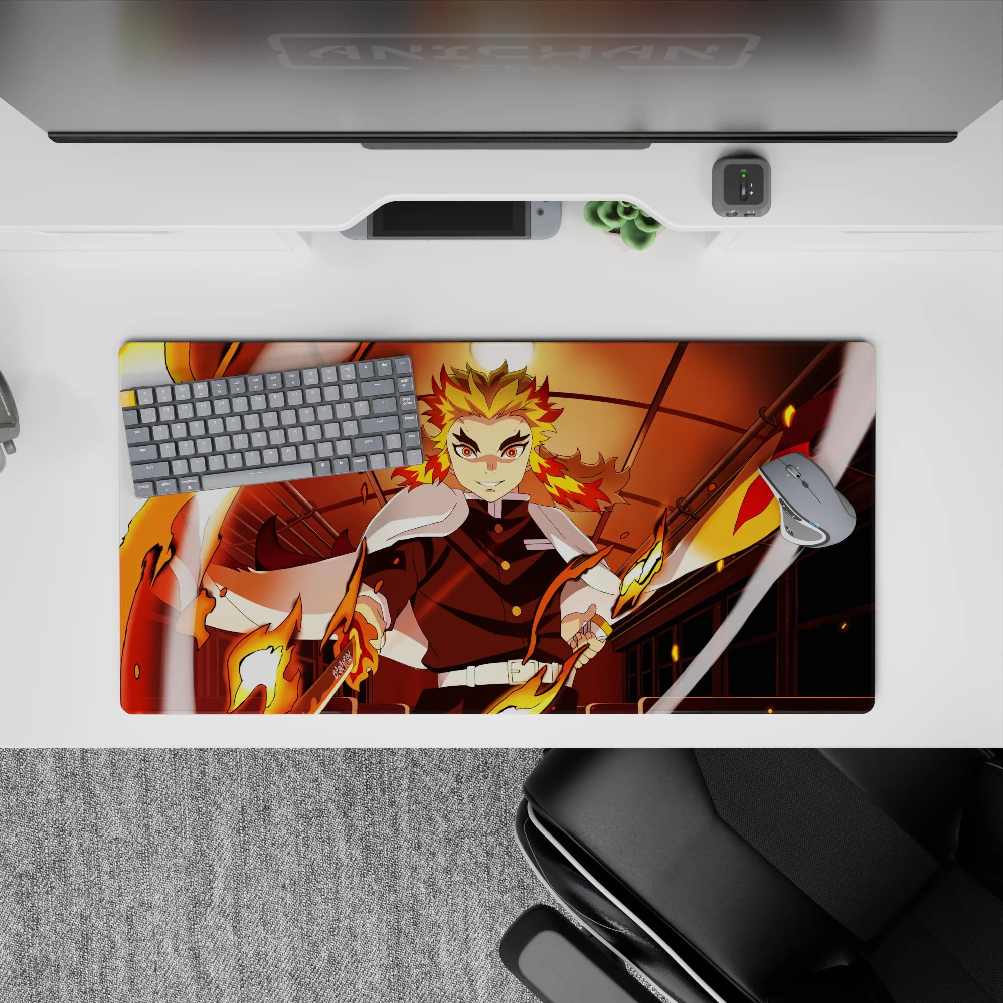 Kyojuro Rengoku anime mouse pad, 32x16 inches, from Demon Slayer, with vibrant flames and Mugen Train backdrop.