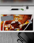 Kyojuro Rengoku anime mouse pad, 32x16 inches, from Demon Slayer, with vibrant flames and Mugen Train backdrop.