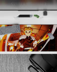 Anime desk pad 36x16 inches featuring Kyojuro Rengoku from Demon Slayer amidst fiery Mugen Train scene.