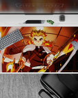Anime desk pad 40x20 inches featuring Kyojuro Rengoku from Demon Slayer with vivid flames and the Mugen Train scene.