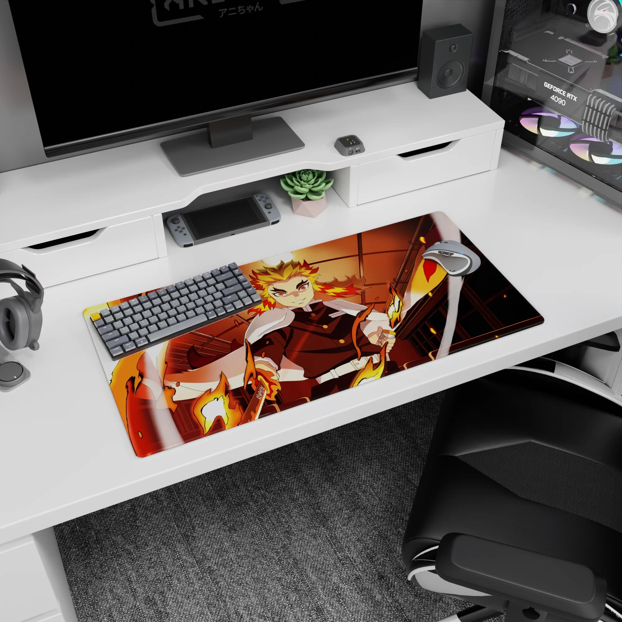 Anime mouse pad 32x16 inches featuring Kyojuro Rengoku from Demon Slayer with flames and Mugen Train in the background.
